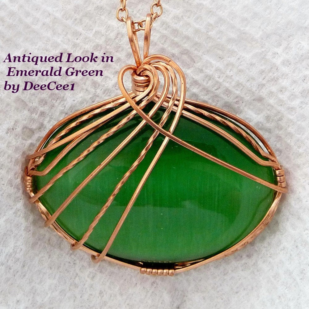 Antiqued  Look in Emerald Green Wire Wrapped Pendant