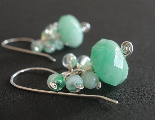 GULF COAST RELIEF- Mint Green Spring Earrings with Jade and Glass in Sterling Silver