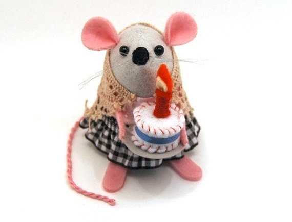 FREE SHIPPING - Happy Birthday Mouse - cute felt woodland forest stocking stuffer mouse ornament by TheHouseofMouse - perfect gift for animal lovers or collectors of mice, rats and other rodents