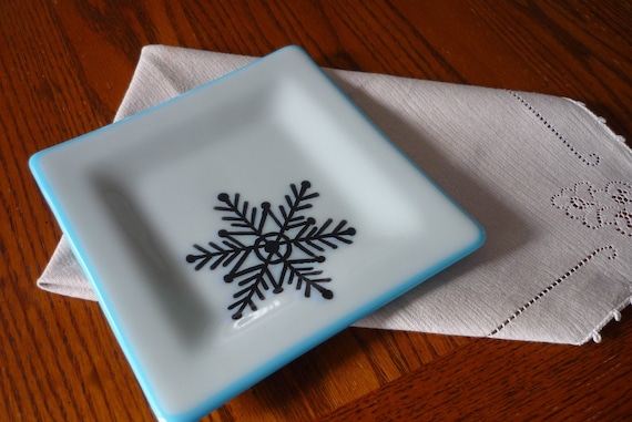 Cyan Snowflake Glass Plate - Holiday Gift for the Gourmet or Entertainer