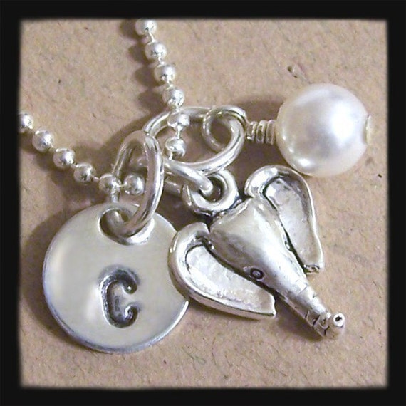 Elephant Charm, Initial Disc and Pearl/Birthstone Sterling Silver CONVERSATION Necklace - Hand Stamped