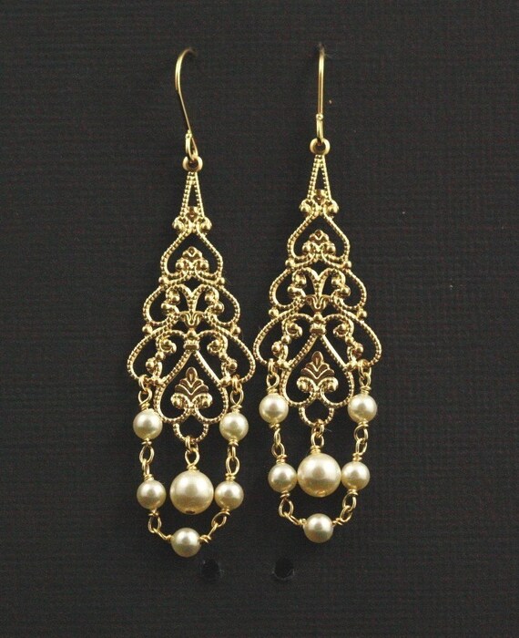 Monarch Bridal Earrings -- Gold Filigree and Creamy Swarovski Crystal Pearls