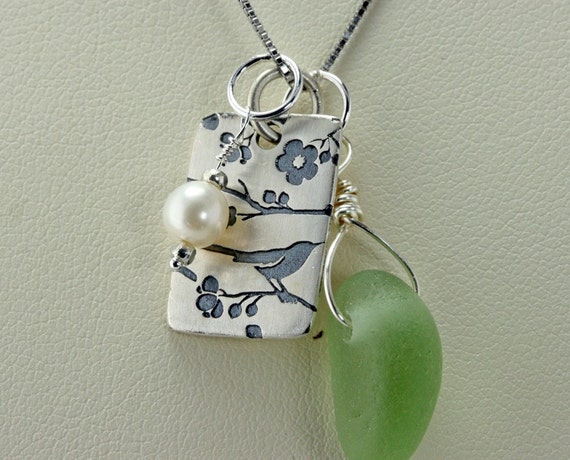 Genuine Sea Glass from England and Bird Charm SS Necklace