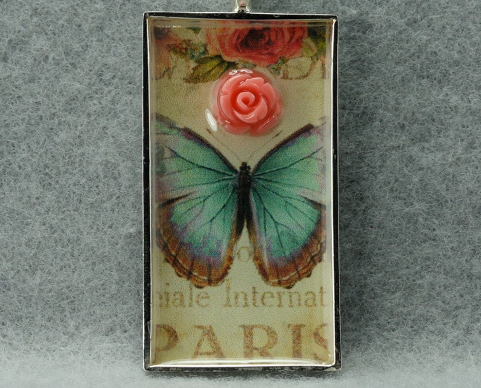 Paris Blue Butterfly and Rose Vintage Art Pendant