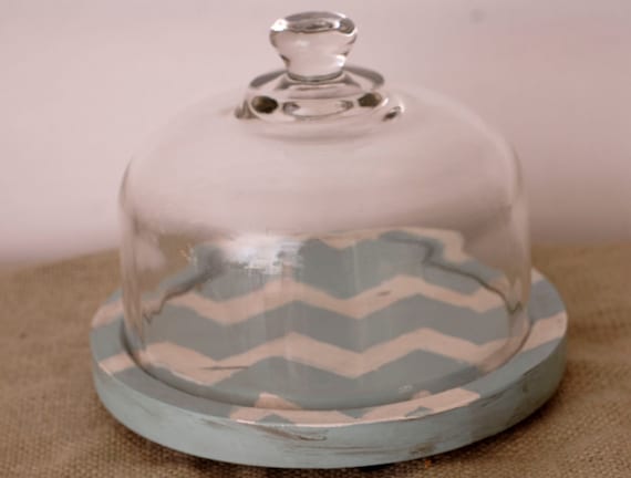 Upcycled Cloche with Soft Blue and White Chevron Strips, Cheese Dome
