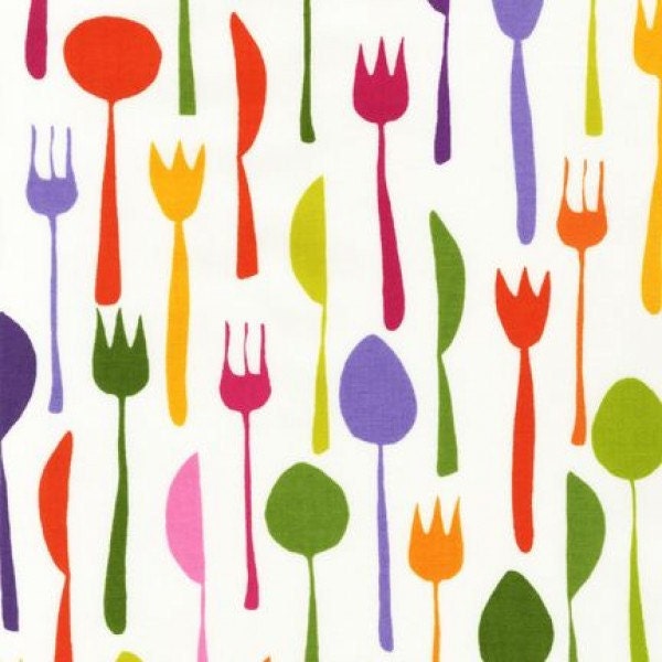 One (1) Yard of Metro Cafe Forks, Spoons and Knives Magenta, Purple, Pink and Green on White Bermuda