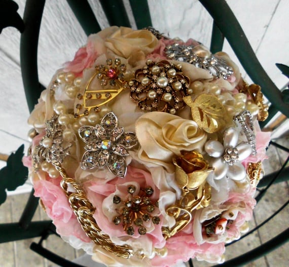 Custom Brooch Wedding Bouquet, Peony, Roses, bouquet brooch, Bridal, Vintage, Rhinestones Pearls Crystals Fabric Flower Bouquet, weddings