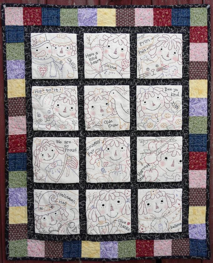 Raggedy gals quilt e pattern - 12 months seasonal stitcheries primitive pdf embroidery ann doll cat bunny crow
