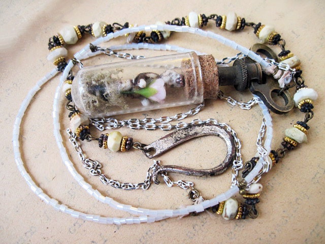 When the Child was a Child. Frozen Charlotte Long White Victorian Assemblage necklace.
