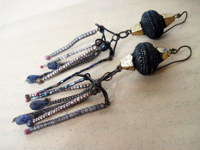 This World Which Is Made of Our Love for Emptiness.  Dark Rustic Gypsy Beaded Dangles.