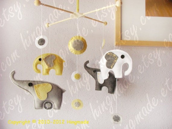 Baby Nursery Mobile - Baby Crib Mobile - Baby Mobile - Polka Dot Grey Powder Yellow White Elephants theme(Custom colors available)