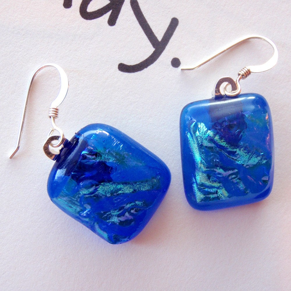 Deep Sea Blue Fused Glass Dangle Earrings
