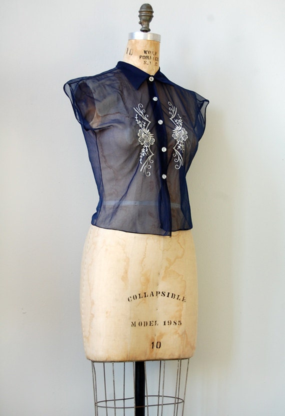 vintage 1950s blouse / vintage 50s blouse / Cornflower Rustle Blouse